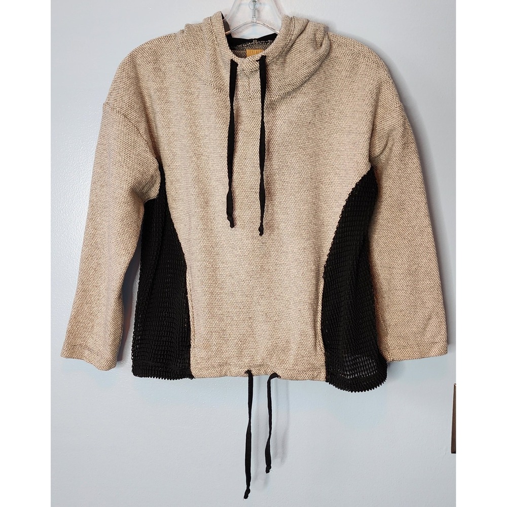 Zara Trafaluc Hoodie Womens S Tan Black Mesh Side Panel Drawstring Knit Pullover